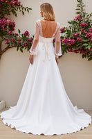 Load image into Gallery viewer, Ivory Satin Scoop Neck Sweep Train Mermaid Wedding Dress with Lace