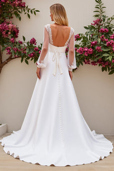 Ivory Satin Scoop Neck Sweep Train Mermaid Wedding Dress with Lace