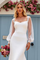 Load image into Gallery viewer, Ivory Satin Scoop Neck Sweep Train Mermaid Wedding Dress with Lace