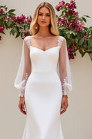 Load image into Gallery viewer, Ivory Satin Scoop Neck Sweep Train Mermaid Wedding Dress with Lace