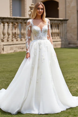Ivory Organza Illusion Boat Neck Sweep Train Wedding Dress with Lace