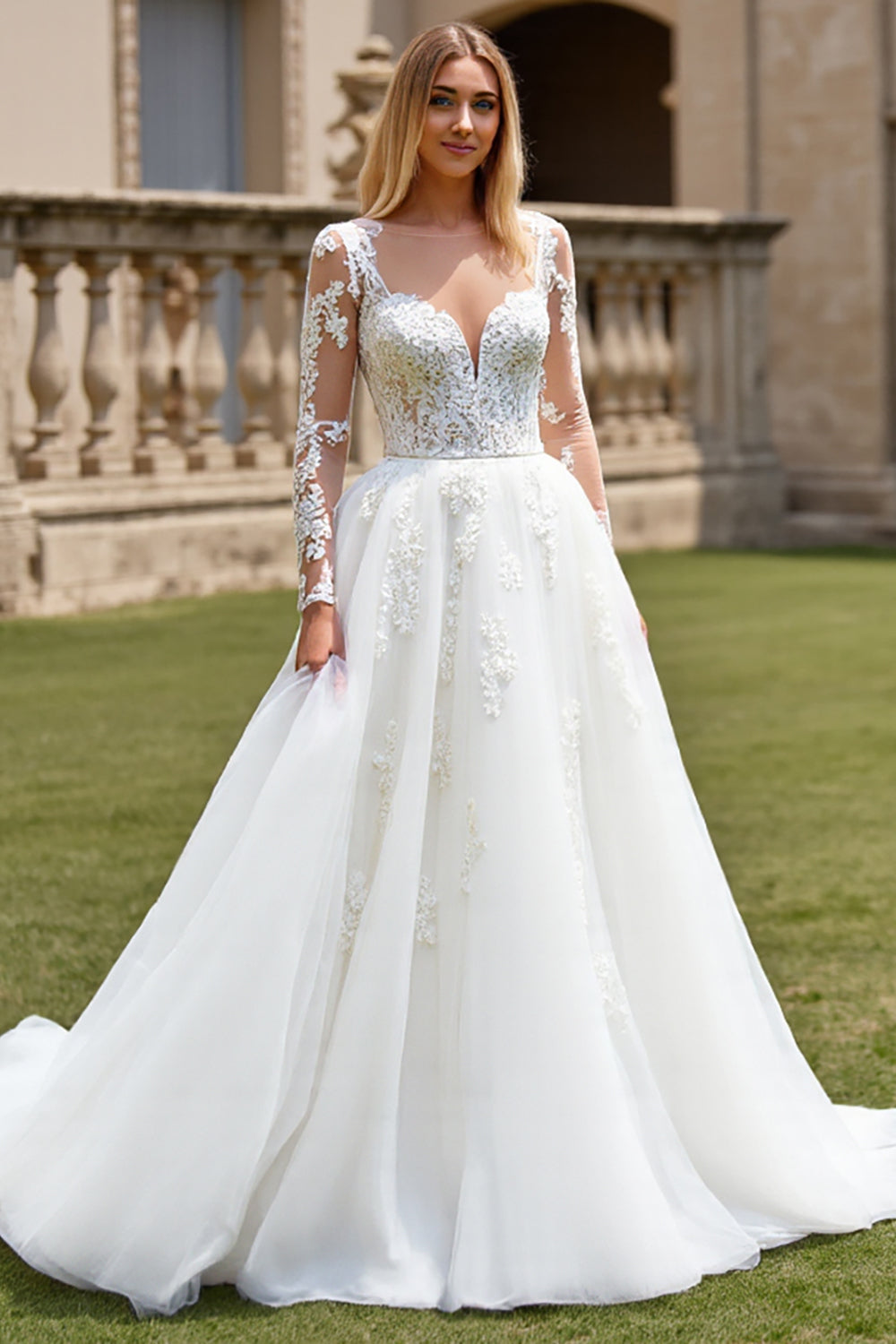 Ivory Organza Illusion Boat Neck Sweep Train Wedding Dress with Lace