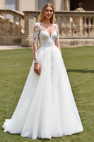 Load image into Gallery viewer, Ivory Organza Illusion Boat Neck Sweep Train Wedding Dress with Lace
