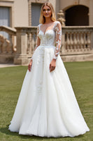 Load image into Gallery viewer, Ivory Organza Illusion Boat Neck Sweep Train Wedding Dress with Lace