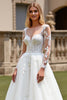 Load image into Gallery viewer, Ivory Organza Illusion Boat Neck Sweep Train Wedding Dress with Lace