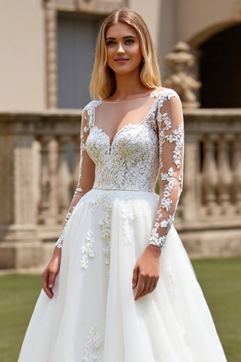 Load image into Gallery viewer, Ivory Organza Illusion Boat Neck Sweep Train Wedding Dress with Lace