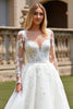 Load image into Gallery viewer, Ivory Organza Illusion Boat Neck Sweep Train Wedding Dress with Lace