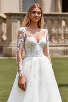 Load image into Gallery viewer, Ivory Organza Illusion Boat Neck Sweep Train Wedding Dress with Lace
