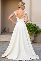 Load image into Gallery viewer, Ivory Satin V Neck A Line Sweep Train Wedding Dress with Appliques