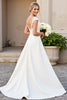 Load image into Gallery viewer, Ivory Satin V Neck A Line Sweep Train Wedding Dress with Appliques