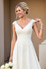 Load image into Gallery viewer, Ivory Satin V Neck A Line Sweep Train Wedding Dress with Appliques