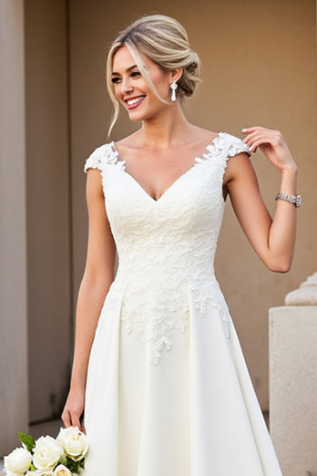 Ivory Satin V Neck A Line Sweep Train Wedding Dress with Appliques