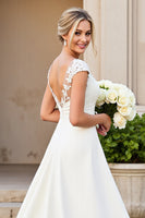 Load image into Gallery viewer, Ivory Satin V Neck A Line Sweep Train Wedding Dress with Appliques