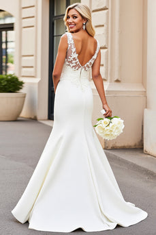 Simple Ivory Mermaid Satin Sweep Train V Neck Wedding Dress with Lace