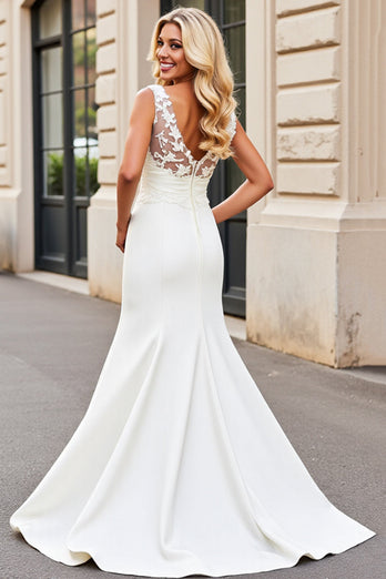 Simple Ivory Mermaid Satin Sweep Train V Neck Wedding Dress with Lace