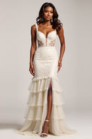 Load image into Gallery viewer, Light Champagne Mermaid V-Neck Long Prom Dress with Slit