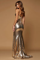 Load image into Gallery viewer, Metallic Golden Mermaid Satin Long Prom Dress with Slit