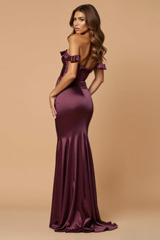 Purple Sheath Off the Shoulder Ruched Long Prom Dress with Slit