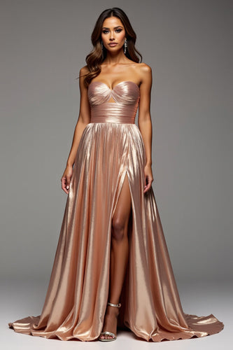 Sweetheart Rose Gold Satin Ruched Long Prom Dress with Slit