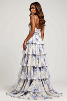 Load image into Gallery viewer, Sweetheart Blue Flower Chiffon Tiered Maxi Prom Dress with Slit