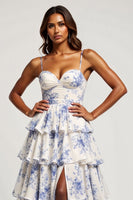 Load image into Gallery viewer, Sweetheart Blue Flower Chiffon Tiered Maxi Prom Dress with Slit