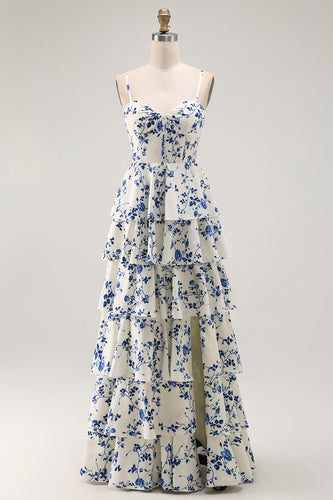 Chiffon Sweetheart Blue Flower Tiered Maxi Prom Dress with Slit