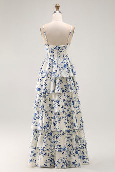 Chiffon Sweetheart Blue Flower Tiered Maxi Prom Dress with Slit