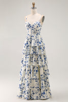 Load image into Gallery viewer, Chiffon Sweetheart Blue Flower Tiered Maxi Prom Dress with Slit