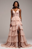 Load image into Gallery viewer, Dusty Rose Tiered V-Neck Long Chiffon Prom Dress with Slit