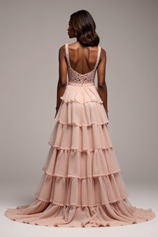 Dusty Rose Tiered V-Neck Long Chiffon Prom Dress with Slit