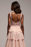 Load image into Gallery viewer, Dusty Rose Tiered V-Neck Long Chiffon Prom Dress with Slit