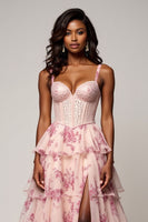 Load image into Gallery viewer, Blush Flower Chiffon Tiered Sweetheart Long Corset Prom Dress with Slit