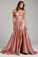 Load image into Gallery viewer, Sparkly Dusty Rose V-Neck Long Prom Dress with Slit