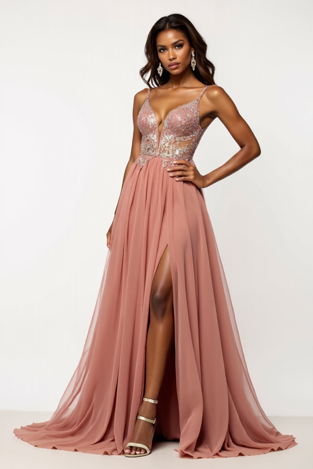 Dusty Rose A Line Chiffon V-Neck Long Prom Dress with Sequins