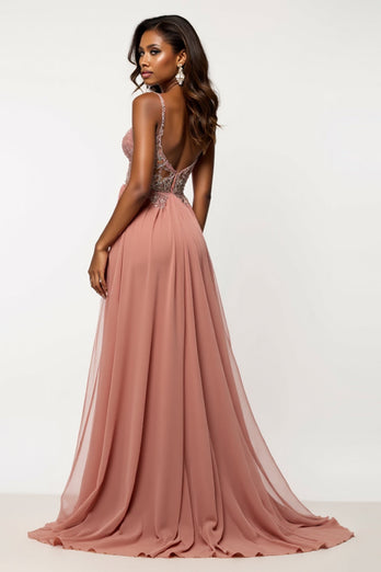 Dusty Rose A Line Chiffon V-Neck Long Prom Dress with Sequins
