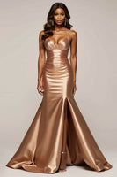 Load image into Gallery viewer, Golden Mermaid V-Neck Long Satin Prom Dress with Slit