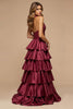 Load image into Gallery viewer, Burgundy A Line Tiered Deep V-Neck Long Satin Prom Dress with Slit