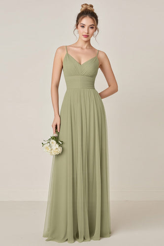 Sage Green A line Spaghetti Straps Maxi Bridesmaid Dress With Slit