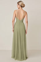 Load image into Gallery viewer, Sage Green A line Spaghetti Straps Maxi Bridesmaid Dress With Slit