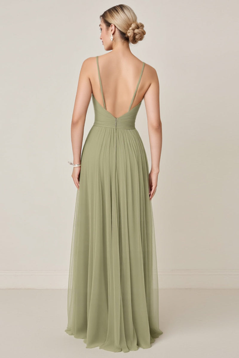 Load image into Gallery viewer, Sage Green A line Spaghetti Straps Maxi Bridesmaid Dress With Slit