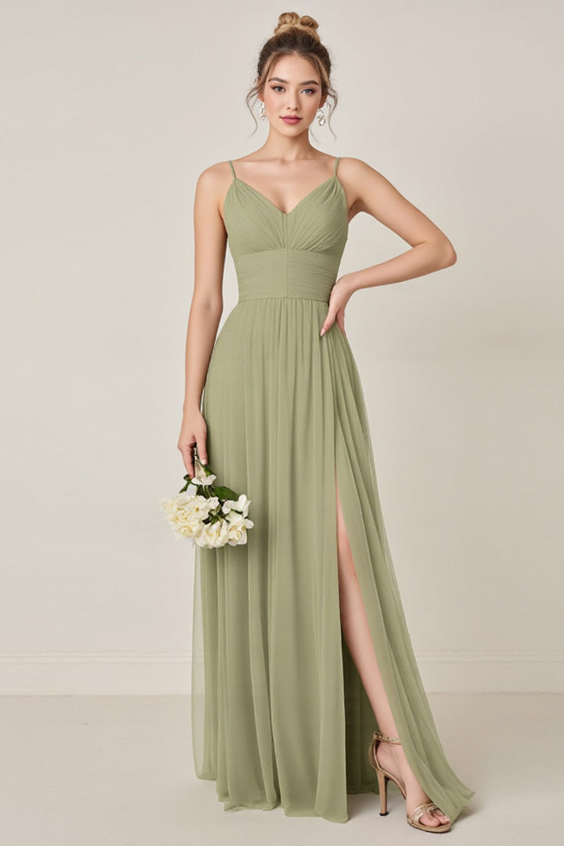 Load image into Gallery viewer, Sage Green A line Spaghetti Straps Maxi Bridesmaid Dress With Slit