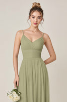 Load image into Gallery viewer, Sage Green A line Spaghetti Straps Maxi Bridesmaid Dress With Slit