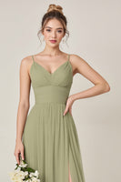 Load image into Gallery viewer, Sage Green A line Spaghetti Straps Maxi Bridesmaid Dress With Slit