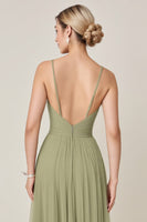 Load image into Gallery viewer, Sage Green A line Spaghetti Straps Maxi Bridesmaid Dress With Slit