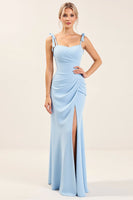 Load image into Gallery viewer, Sky Blue Sheath Maxi Spaghetti Straps Bridesmaid Dress With Slit