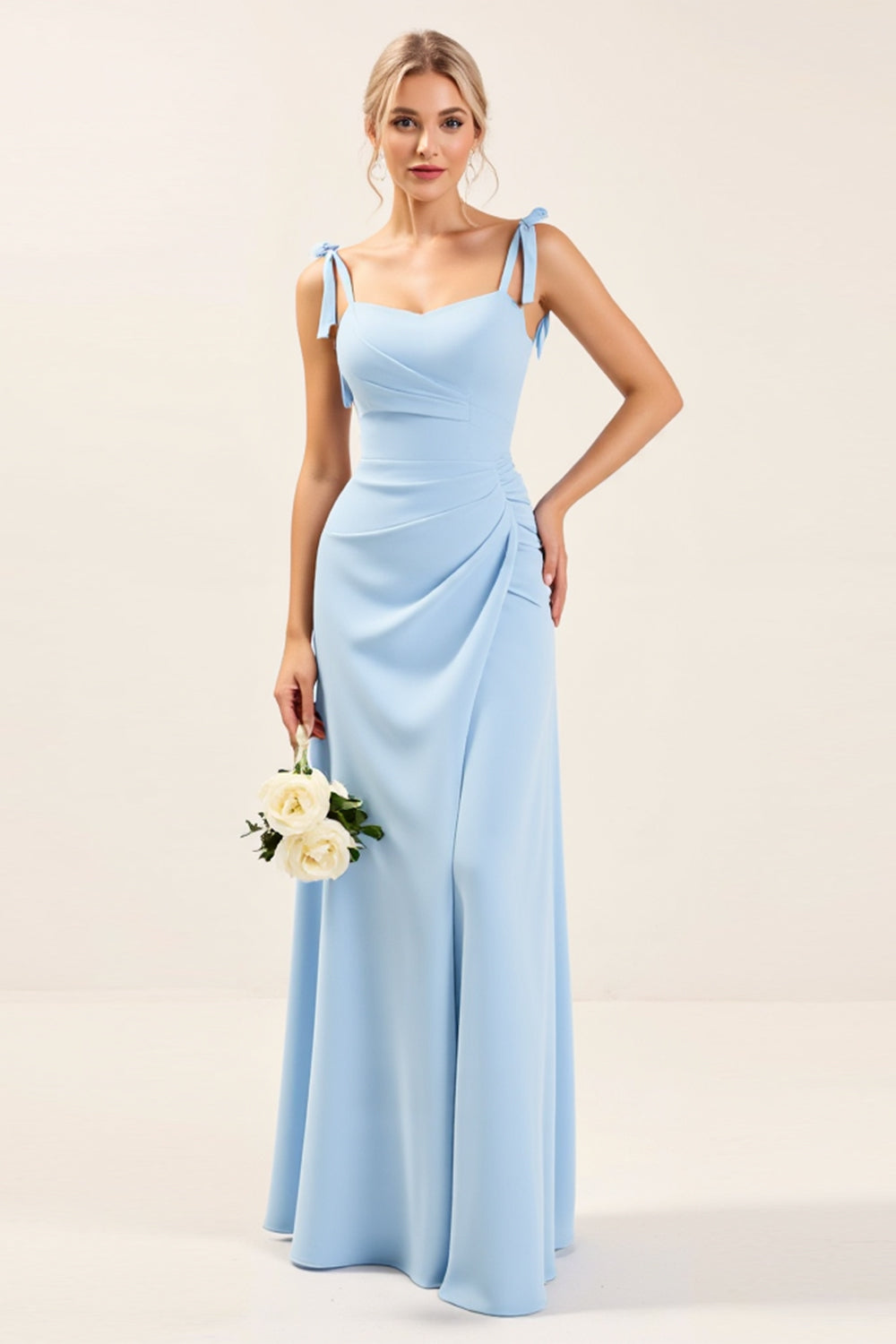 Sky Blue Sheath Maxi Spaghetti Straps Bridesmaid Dress With Slit