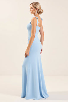 Sky Blue Sheath Maxi Spaghetti Straps Bridesmaid Dress With Slit