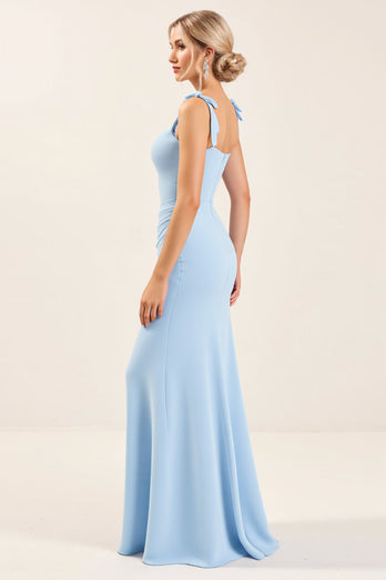 Sky Blue Sheath Maxi Spaghetti Straps Bridesmaid Dress With Slit