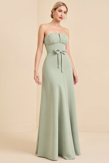 Matcha Sheath Maxi Strapless Bridesmaid Dress With Bow