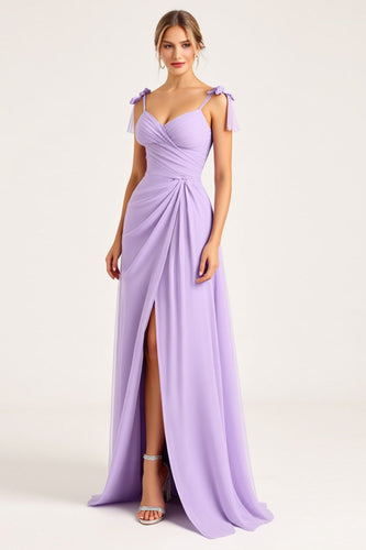 Lilac A Line Maxi Spaghetti Straps Bridesmaid Dress with Slit